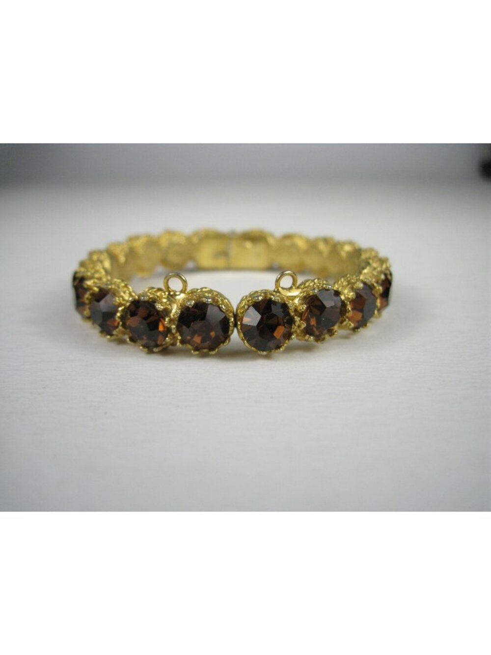Vintage JEANNE FAUX STONE Rhinestone Hinged Bracelet Jewelry 1960s MOD Gold Tone